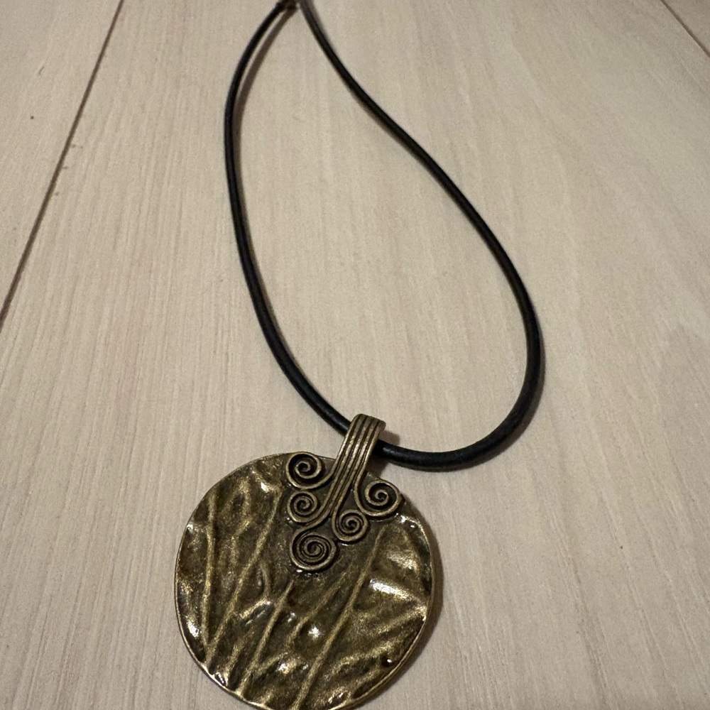 Vintage Gold Pendant Necklace with Black Cord